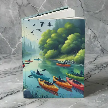 Kayakers Paddling Calm Forest River Scene