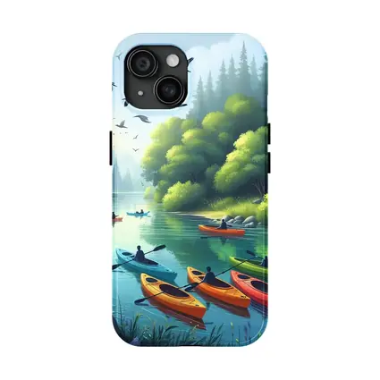 Kayakers Paddling Calm Forest River Scene