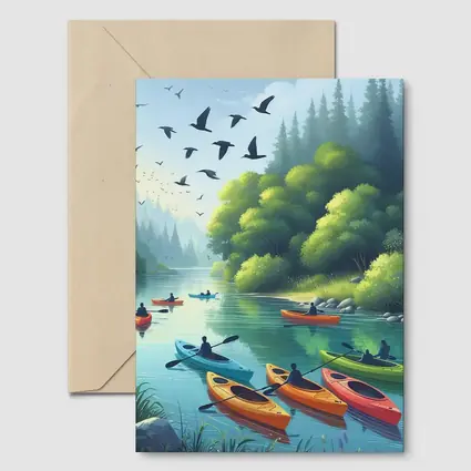 Kayakers Paddling Calm Forest River Scene