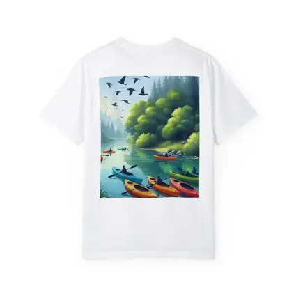 Kayakers Paddling Calm Forest River Scene