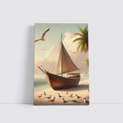 Wooden Sailboat Beach Scene With Seagulls