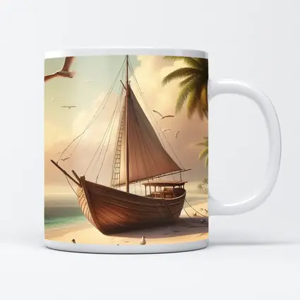 Wooden Sailboat Beach Scene With Seagulls