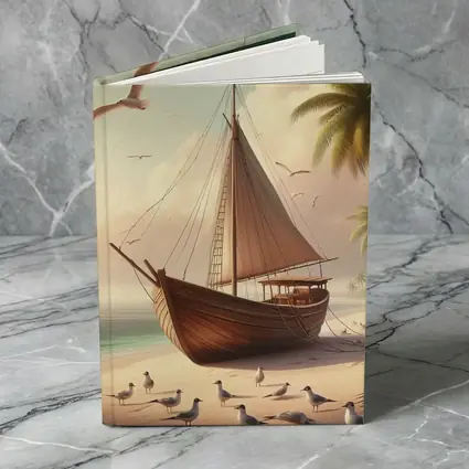 Wooden Sailboat Beach Scene With Seagulls