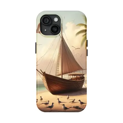 Wooden Sailboat Beach Scene With Seagulls