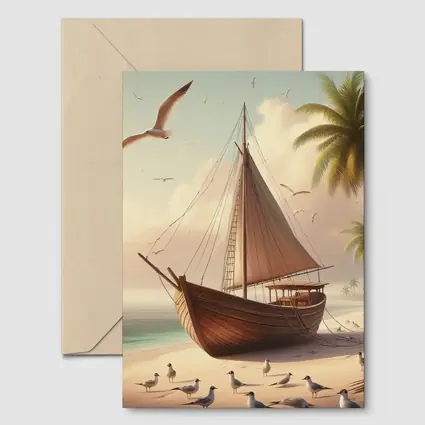 Wooden Sailboat Beach Scene With Seagulls