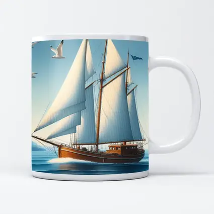 Wooden Sailboat Open Blue Ocean Seagulls