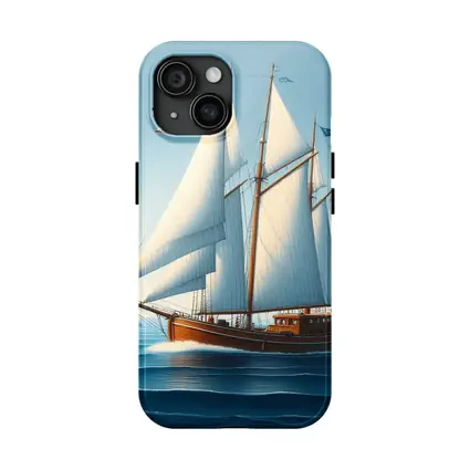 Wooden Sailboat Open Blue Ocean Seagulls
