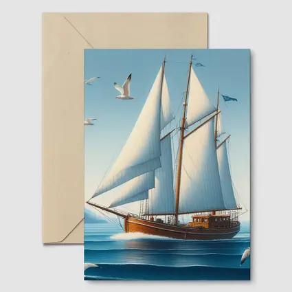 Wooden Sailboat Open Blue Ocean Seagulls