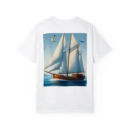 Wooden Sailboat Open Blue Ocean Seagulls