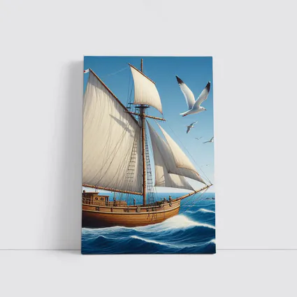 Wooden Sailing Ship Ocean Waves Seagulls