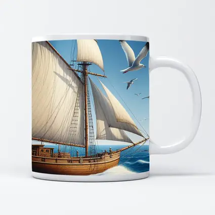 Wooden Sailing Ship Ocean Waves Seagulls