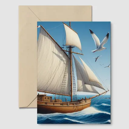 Wooden Sailing Ship Ocean Waves Seagulls