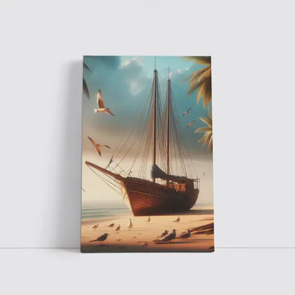 Old Wooden Sailboat Beached Tropical Shore Seagulls