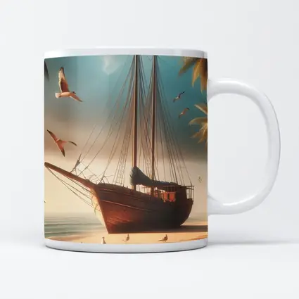 Old Wooden Sailboat Beached Tropical Shore Seagulls