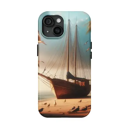Old Wooden Sailboat Beached Tropical Shore Seagulls