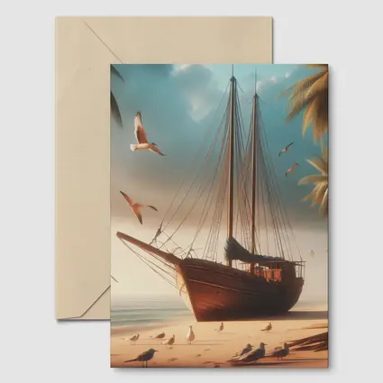 Old Wooden Sailboat Beached Tropical Shore Seagulls