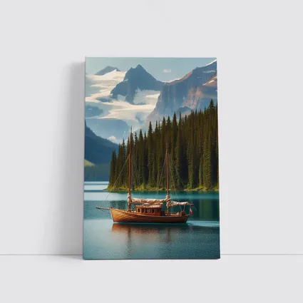 Wooden Sailboat on Turquoise Mountain Lake