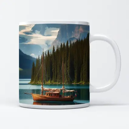 Wooden Sailboat on Turquoise Mountain Lake