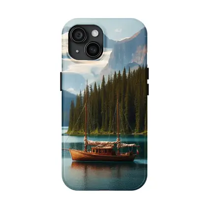 Wooden Sailboat on Turquoise Mountain Lake