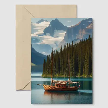 Wooden Sailboat on Turquoise Mountain Lake