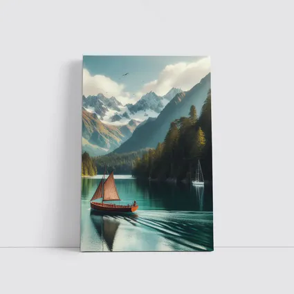 Wooden Sailboat On Turquoise Mountain Lake