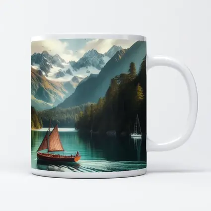 Wooden Sailboat On Turquoise Mountain Lake