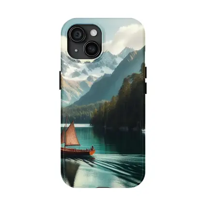 Wooden Sailboat On Turquoise Mountain Lake