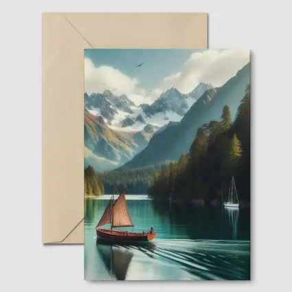 Wooden Sailboat On Turquoise Mountain Lake