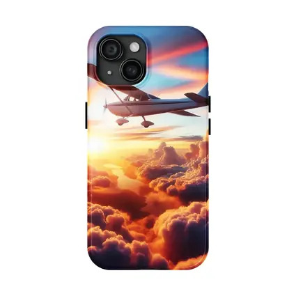 Small Plane Flying Above Sunset Clouds