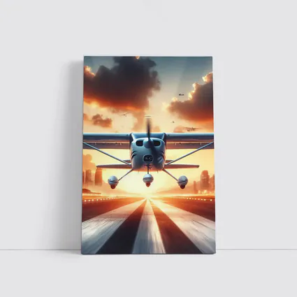 Small Plane Taking Off Sunset Runway