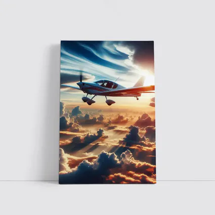 Small Plane Flying Above Golden Sunset Clouds