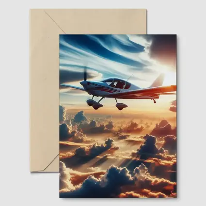 Small Plane Flying Above Golden Sunset Clouds
