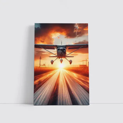 Small Cessna Plane Taking Off At Sunset
