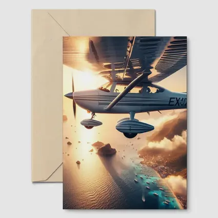 Small Plane Flying Over Coastal Island Sunset
