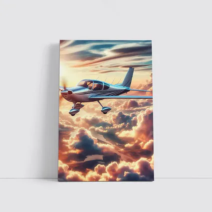 Small Propeller Plane Flying Above Sunset Clouds