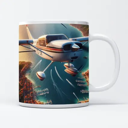 Small Cessna Plane Flying Over Coastal Town
