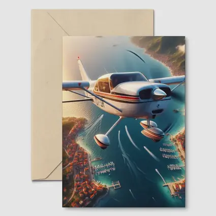 Small Cessna Plane Flying Over Coastal Town