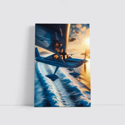 Small Plane Flying Over Ocean Sunset
