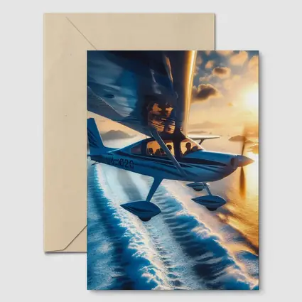 Small Plane Flying Over Ocean Sunset