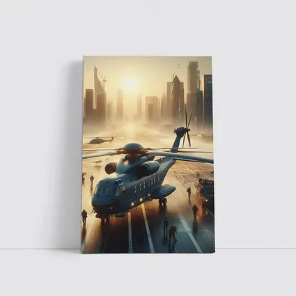 Military Helicopter Futuristic City Sunrise Scene