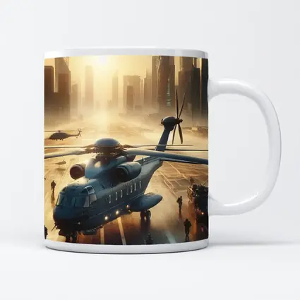 Military Helicopter Futuristic City Sunrise Scene