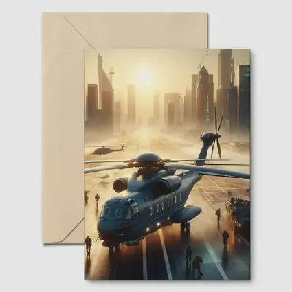 Military Helicopter Futuristic City Sunrise Scene