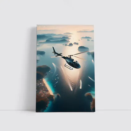 Helicopter Flying Over Tropical Island Archipelago