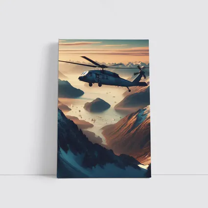 Military Helicopter Flying Over Mountain Fjord