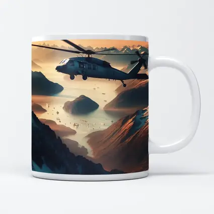 Military Helicopter Flying Over Mountain Fjord
