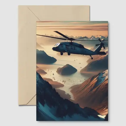 Military Helicopter Flying Over Mountain Fjord