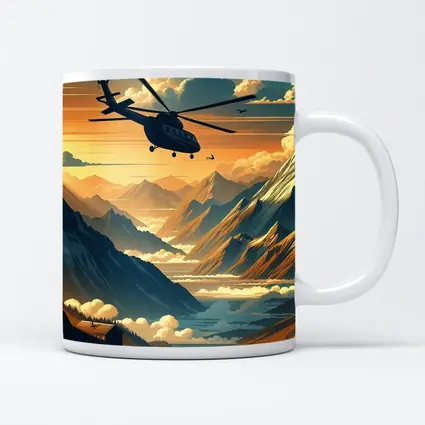 Helicopter Flying Over Mountain Valley Sunset