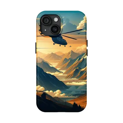 Helicopter Flying Over Mountain Valley Sunset