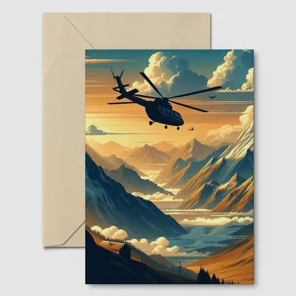 Helicopter Flying Over Mountain Valley Sunset