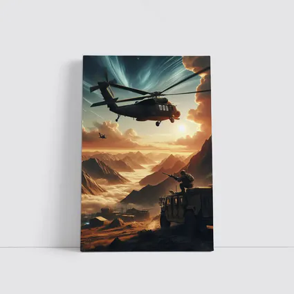 Military Helicopter Soldier Mountain Sunset Scene